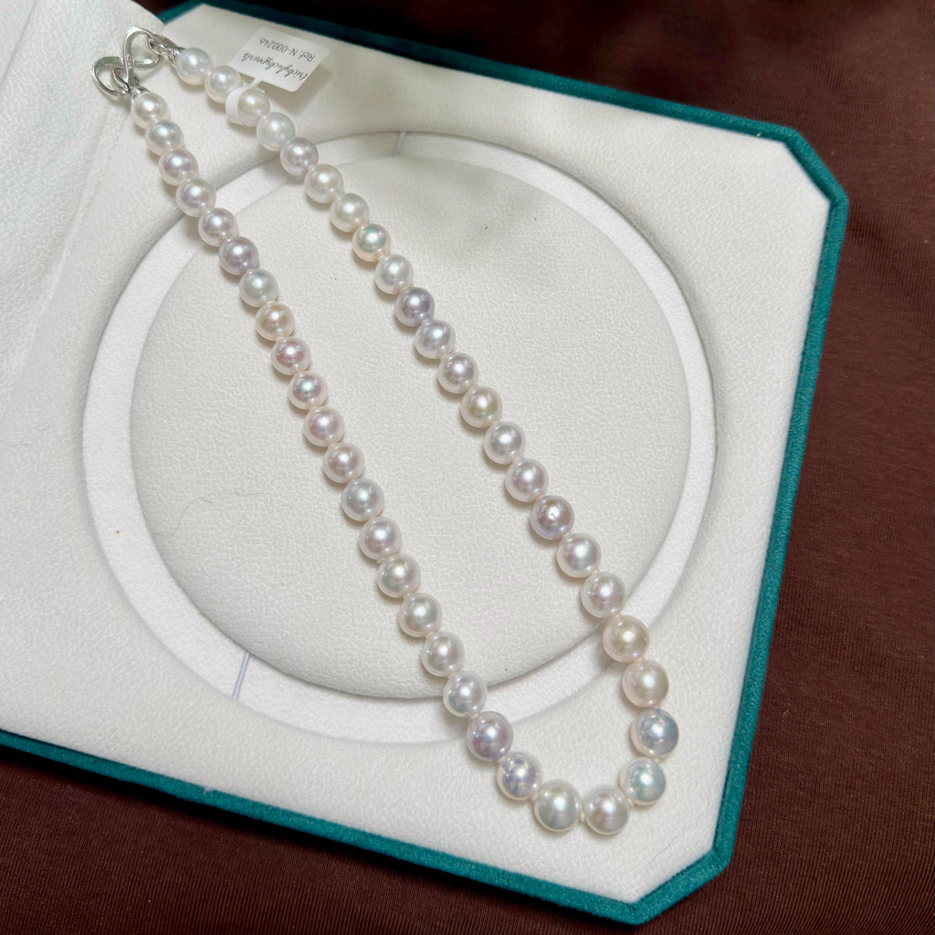Natural freshwater pearls showing high lustre and near-round to round shape.