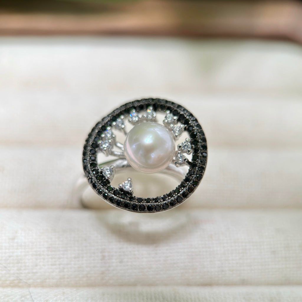 White Pearls Black CZ Pearl Ring & Pendant