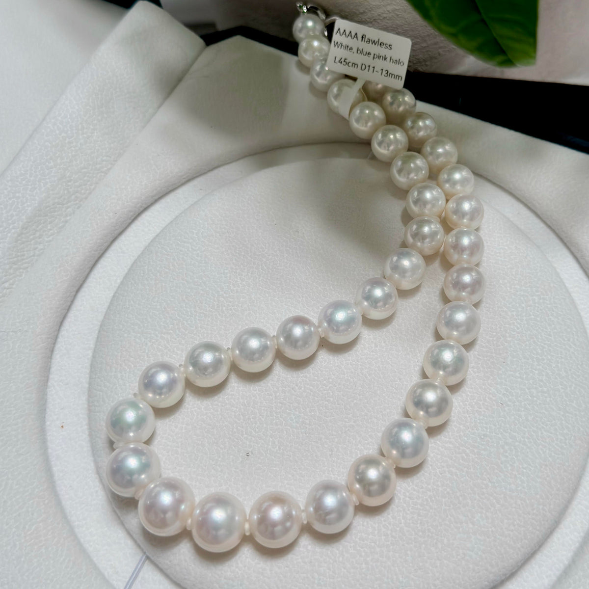 A single-strand pearl necklace with large, round, lustrous white pearls, displayed on a white circular jewelry stand.