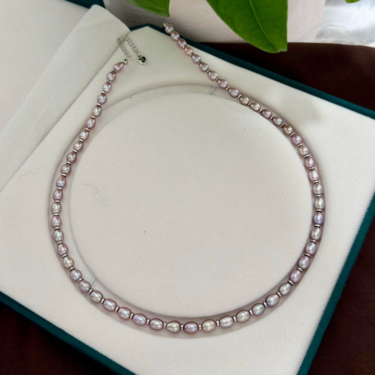 5 mm natural purple freshwater pearl necklace with bright aurora lustre.