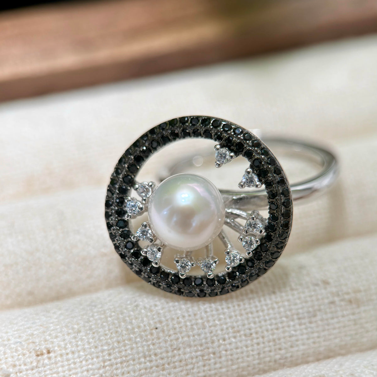 White Pearls Black CZ Pearl Ring & Pendant
