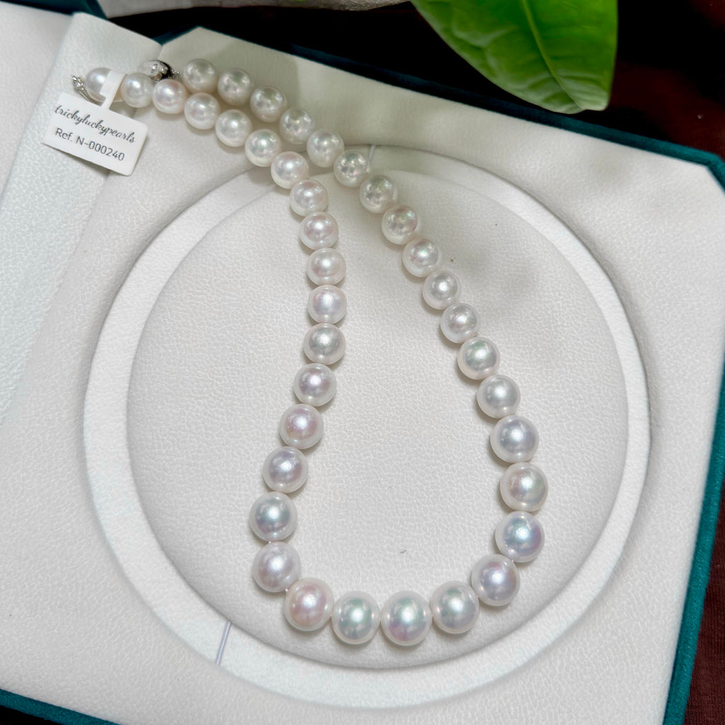A strand of lustrous white freshwater pearls arranged in a loop on a white jewelry display insert inside a teal jewelry box. A small paper tag is attached near the clasp area.