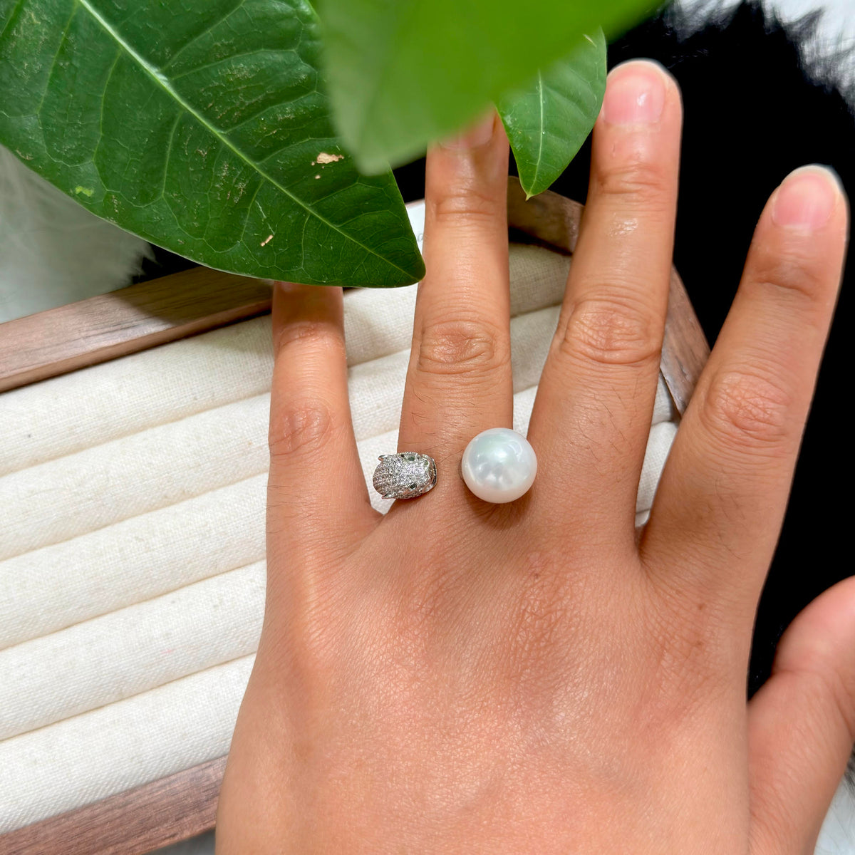 High-lustre natural freshwater pearl ring.