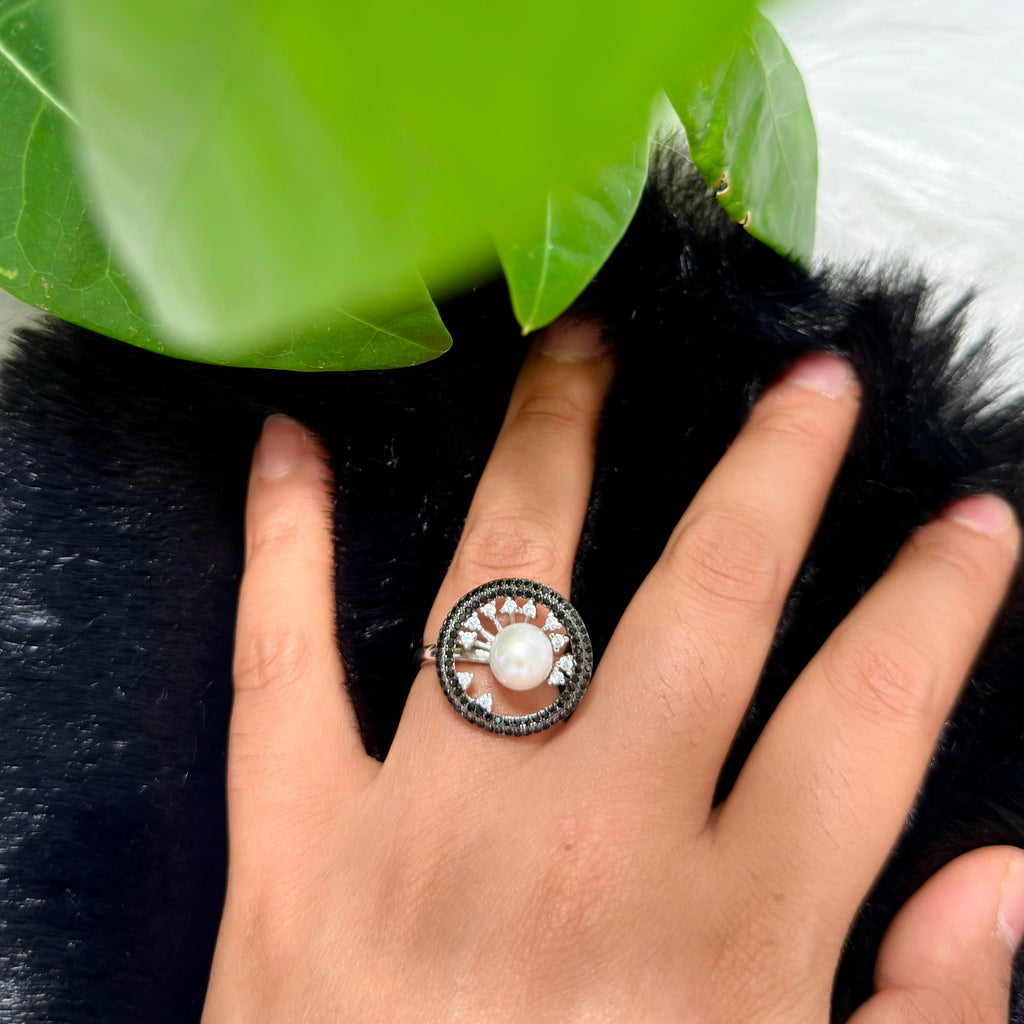 White Pearls Black CZ Pearl Ring & Pendant