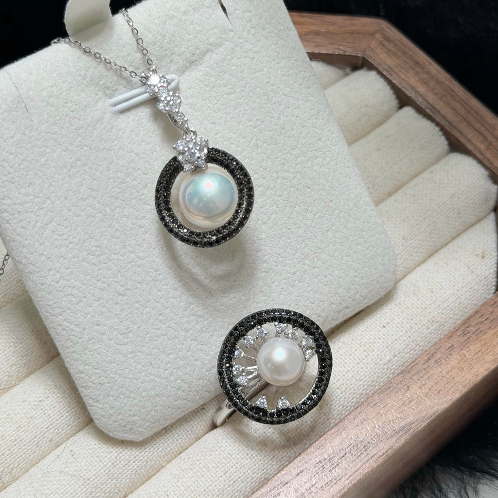 White Pearls Black CZ Pearl Ring & Pendant