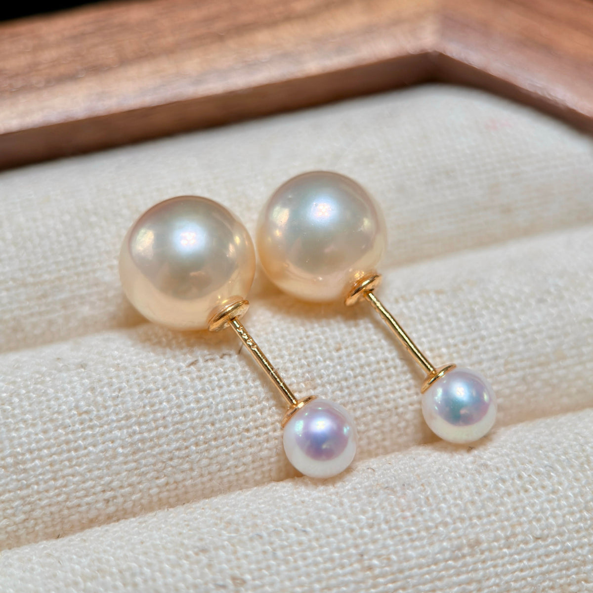 Golden freshwater pearl convertible earrings featuring luminous 9 mm larger pearls.