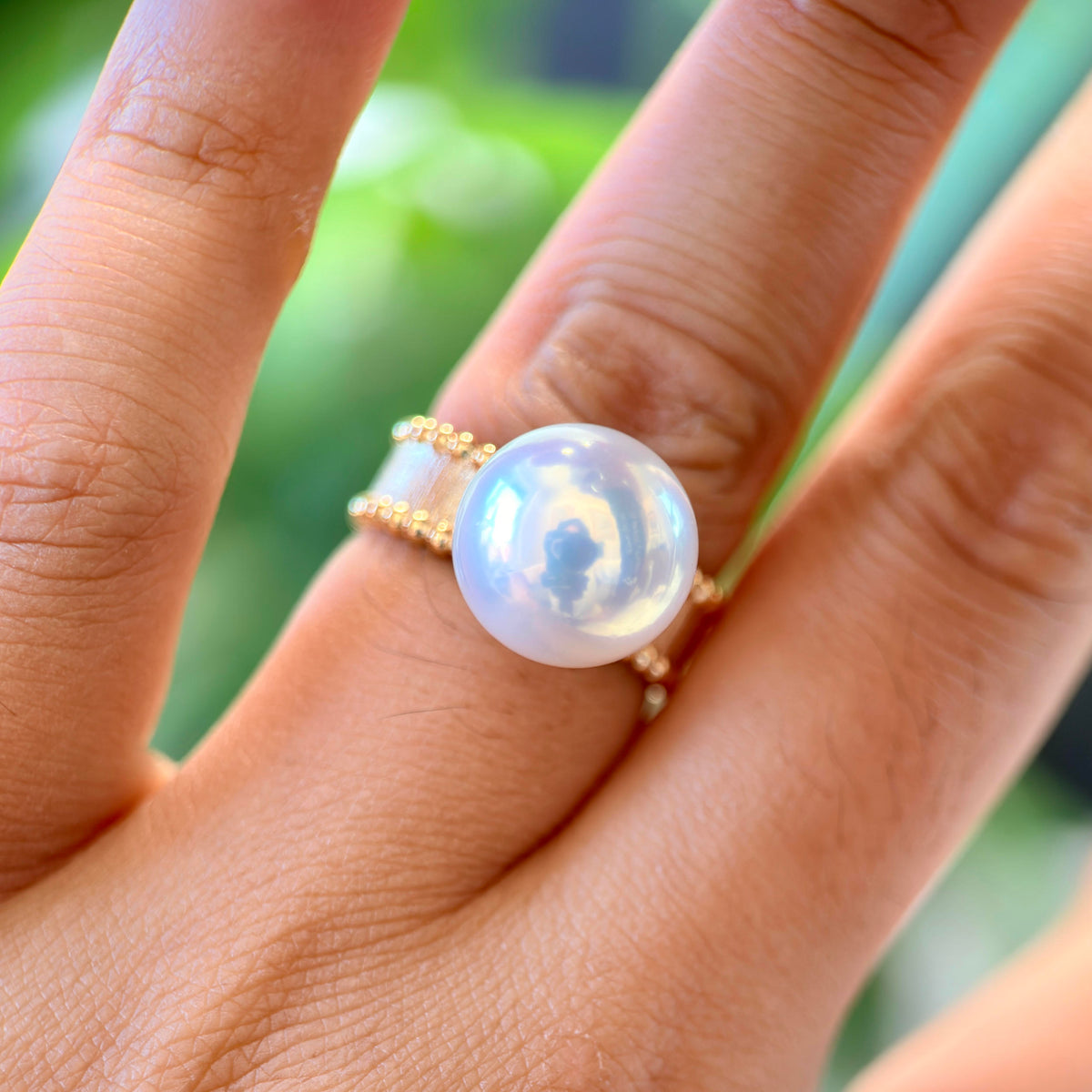11.8 mm flawless white freshwater pearl ring with mirror-like gem lustre.