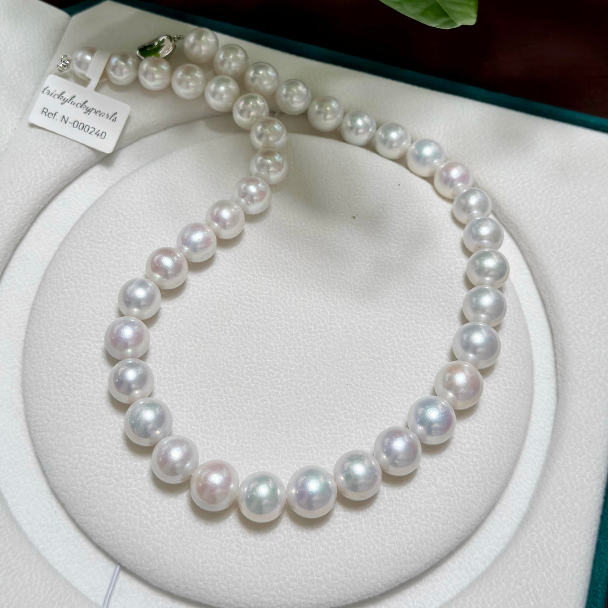 A strand of lustrous white freshwater pearls arranged in a circle on a white jewelry display cushion, with a small paper tag attached near the top. The pearls are glossy and vary slightly in soft iridescence.