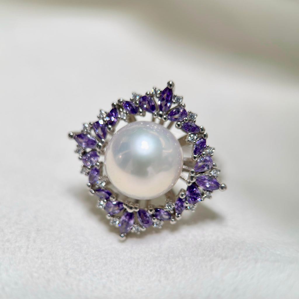 Romantic violet-inspired pearl statement ring in sterling silver.