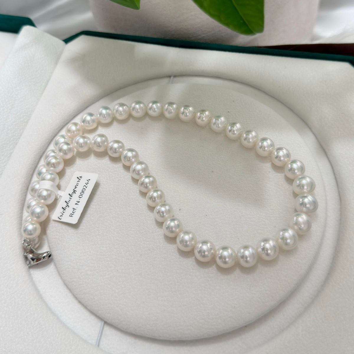 A strand of white freshwater pearls necklace with a silver clasp, displayed on a white circular jewelry stand inside a presentation box. A small paper tag is attached to the necklace.