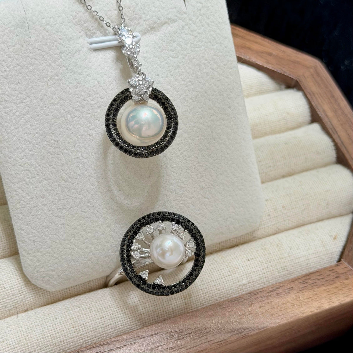 White Pearls Black CZ Pearl Ring & Pendant