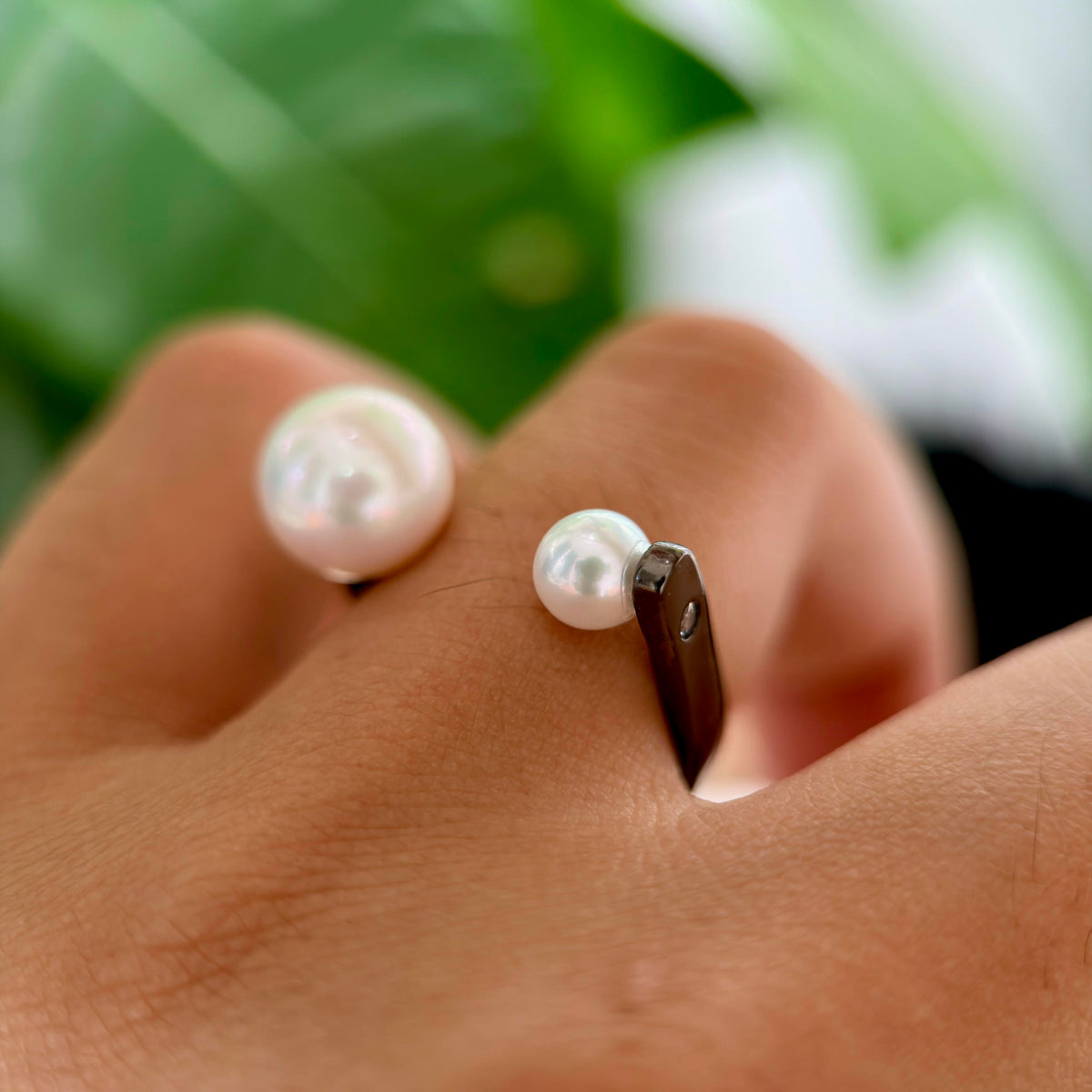 Double White Pearl Open Black Band Ring