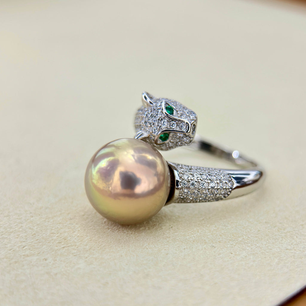 11.9mm Golden Green Pearl Leopard Ring – Reddish Brown Halo