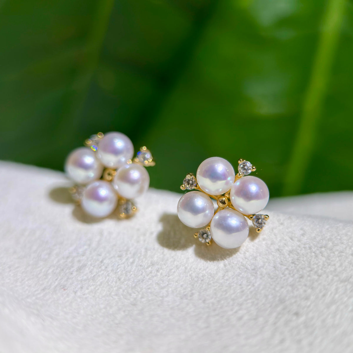 Pink halo pearl earrings designed as floral stud earrings.

