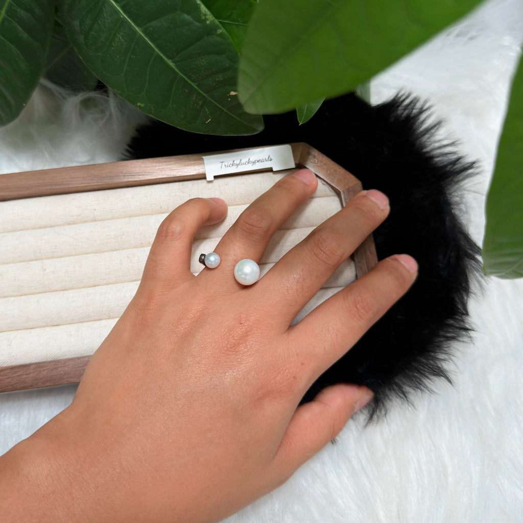 Double White Pearl Open Black Band Ring