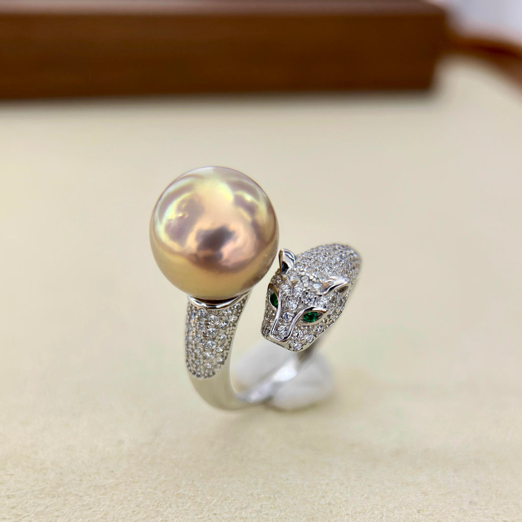 11.9mm Golden Green Pearl Leopard Ring – Reddish Brown Halo