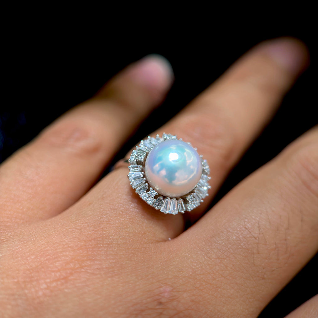 Close-up of 10.3 mm white freshwater pearl ring.