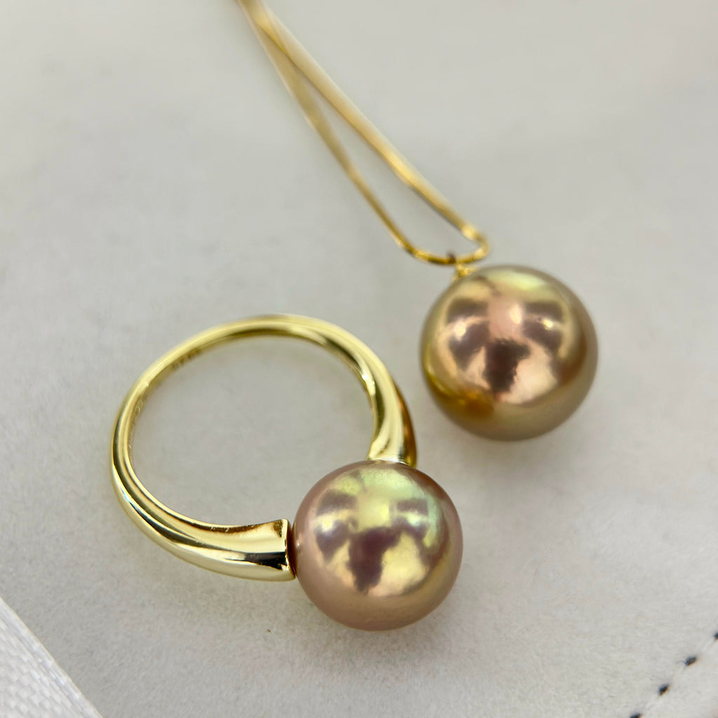 Golden Green Pearl Ring & Pendant Jewelry Set