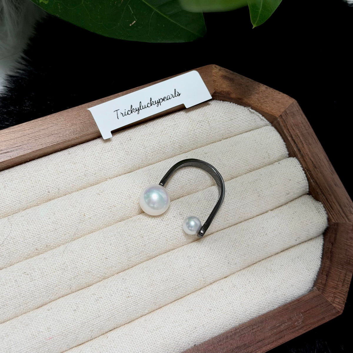 Double White Pearl Open Black Band Ring