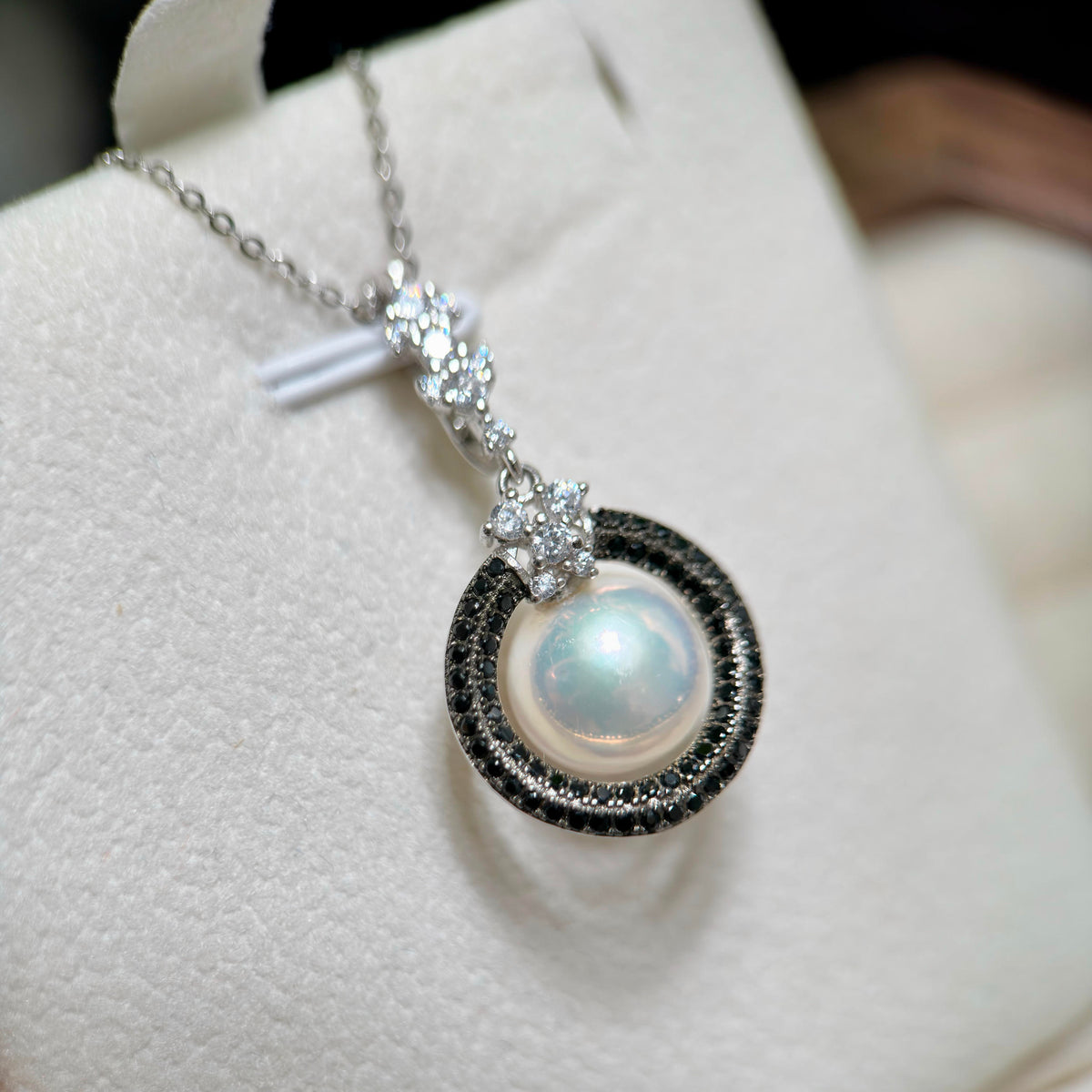 White Pearls Black CZ Pearl Ring & Pendant