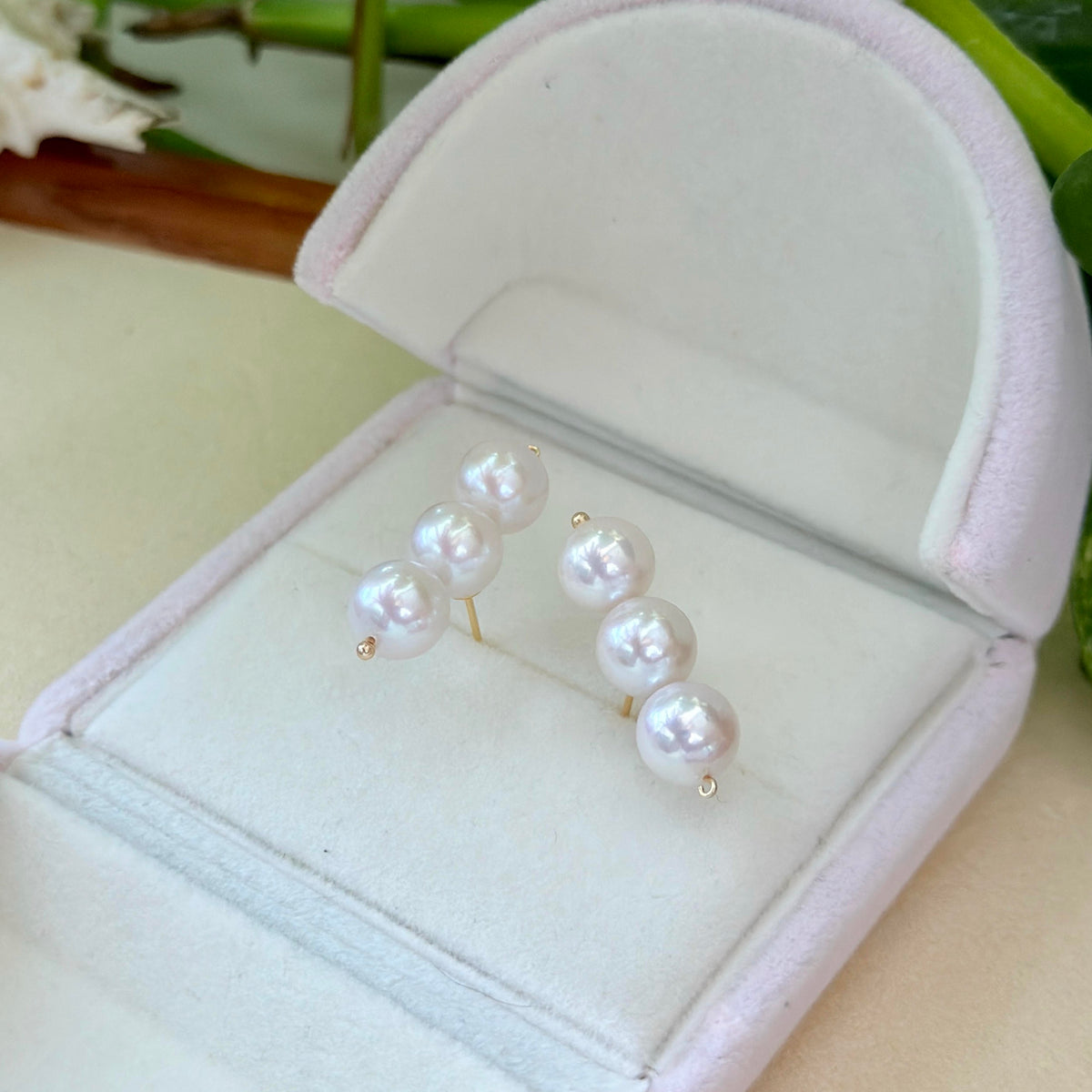 Balance Beam Pearl Stud Earrings – Three 8.5mm White Pearls with Pink Halo