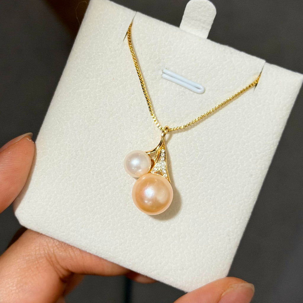 Dual Golden Orange & White Pearl Pendant Necklace