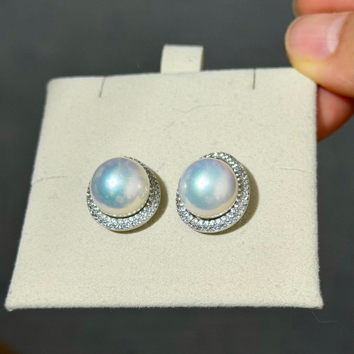 Sparkling 12mm Cold Blue Halo Pearl Stud Earrings