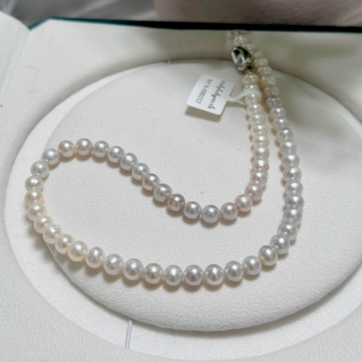 Detailed view of natural pearl lustre and grey-white gradient tones.
