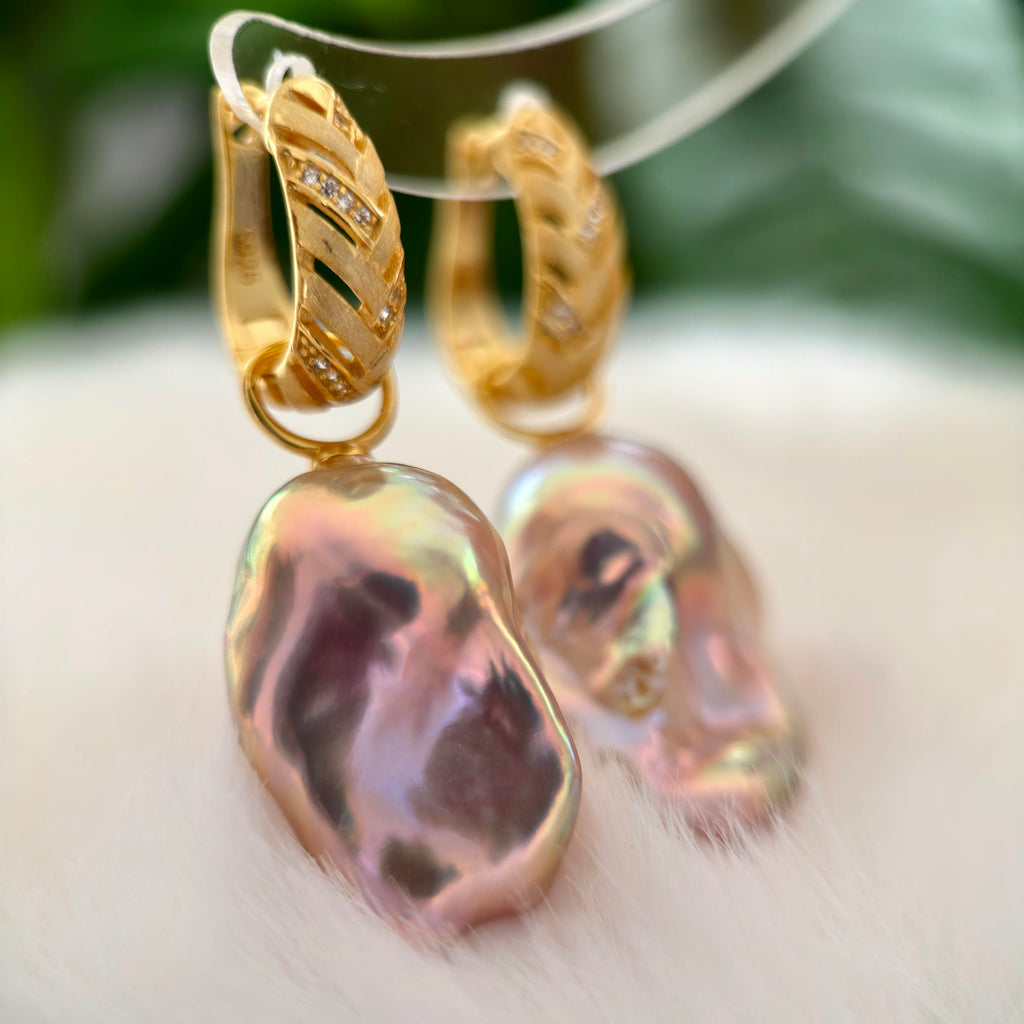 Blue green and pink halo pearl earrings with high natural lustre.