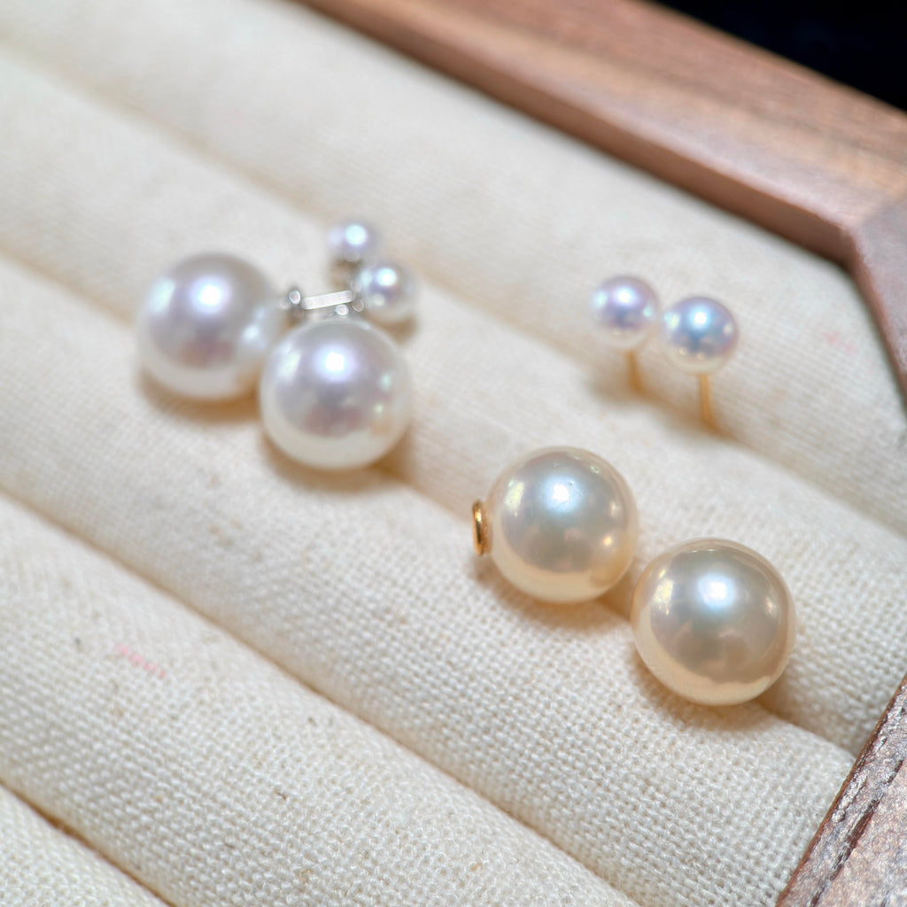 Convertible pearl stud earrings available in S925 sterling silver or 18K gold-plated options.
