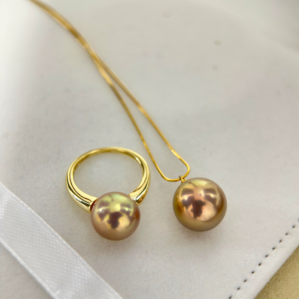 Golden Green Pearl Ring & Pendant Jewelry Set