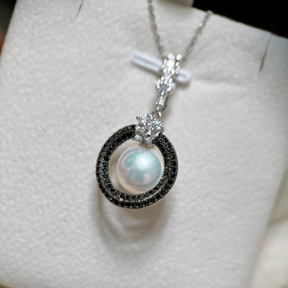 White Pearls Black CZ Pearl Ring & Pendant