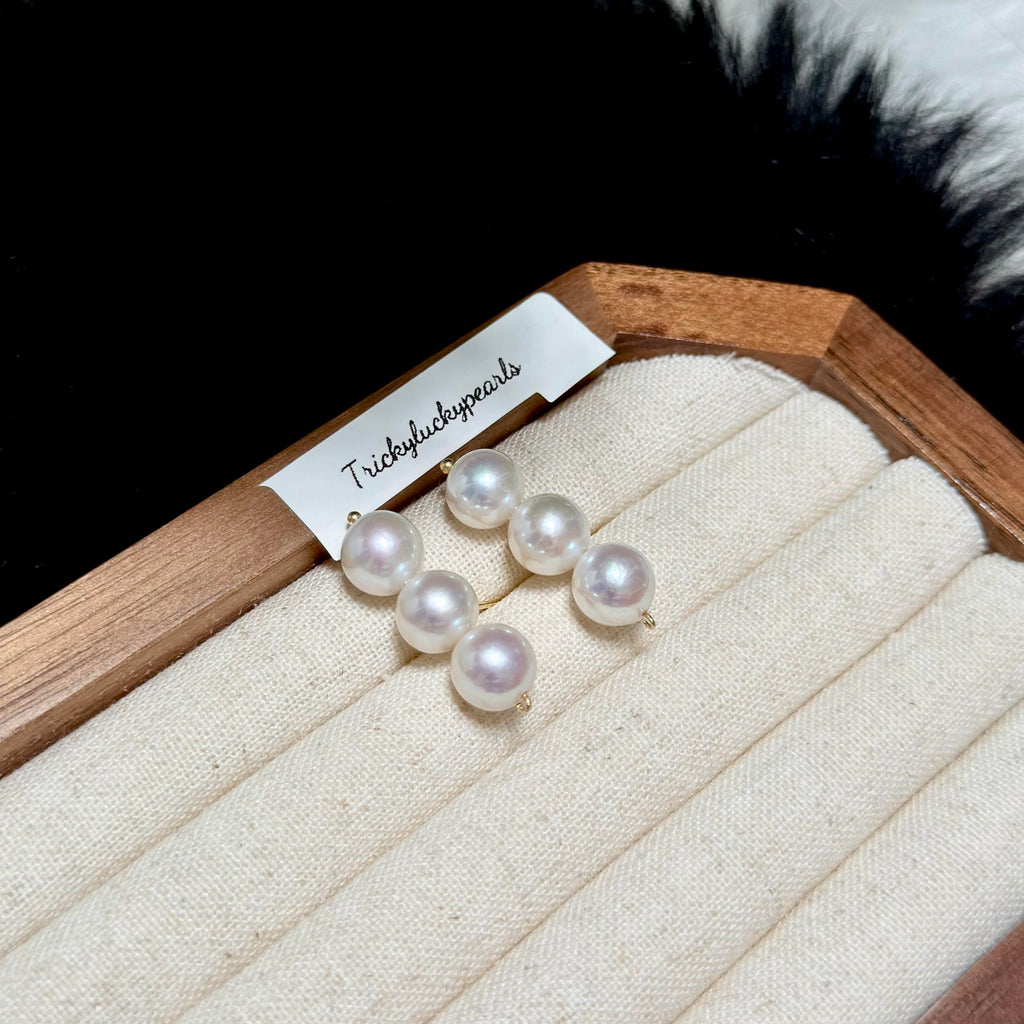 Balance Beam Pearl Stud Earrings – Three 8.5mm White Pearls with Pink Halo