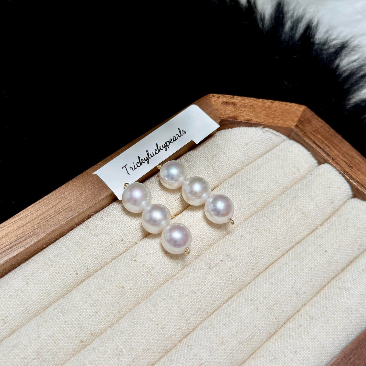 Balance Beam Pearl Stud Earrings – Three 8.5mm White Pearls with Pink Halo