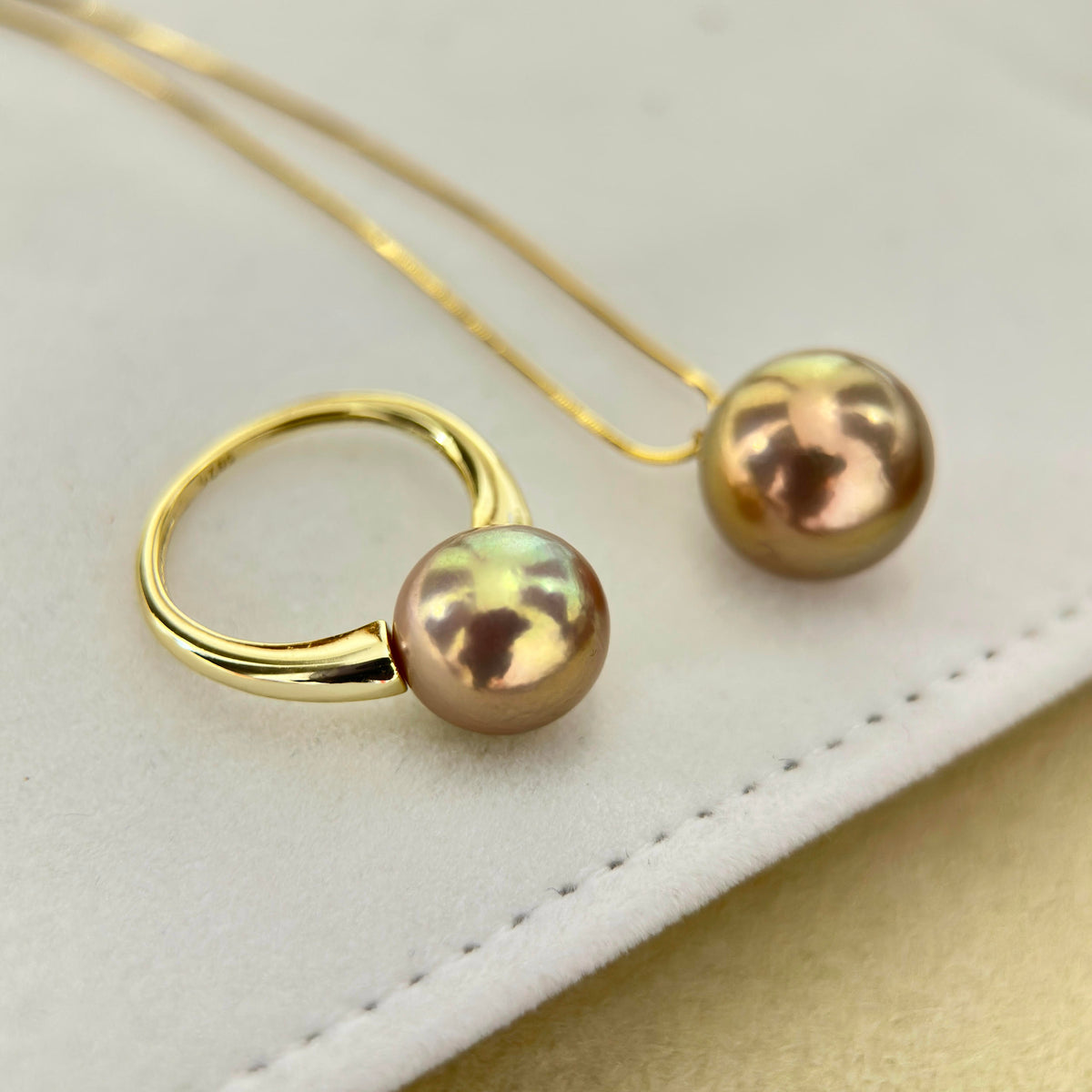 Golden Green Pearl Ring & Pendant Jewelry Set