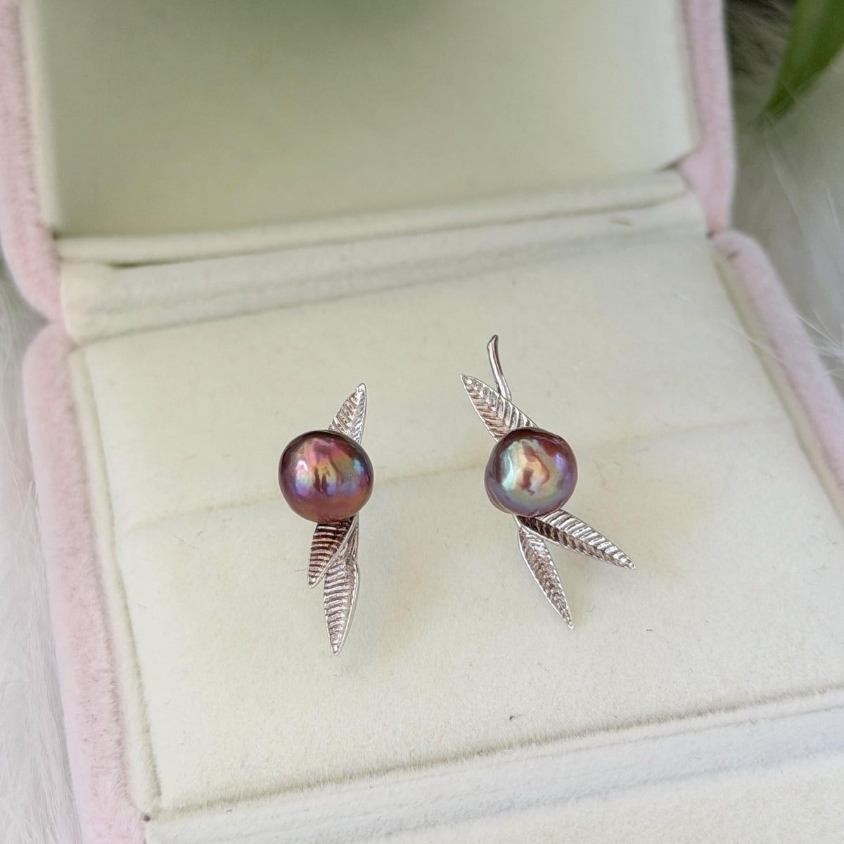 Artistic Bamboo Leaf 8mm Purple Baroque Pearl Stud Earrings