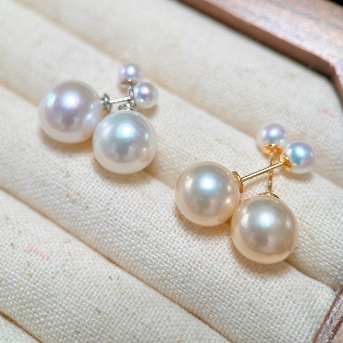 Custom freshwater pearl earrings featuring 10 mm white pearls or 9 mm golden pearls.
