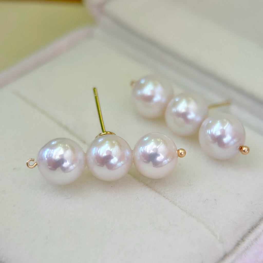 Balance Beam Pearl Stud Earrings – Three 8.5mm White Pearls with Pink Halo