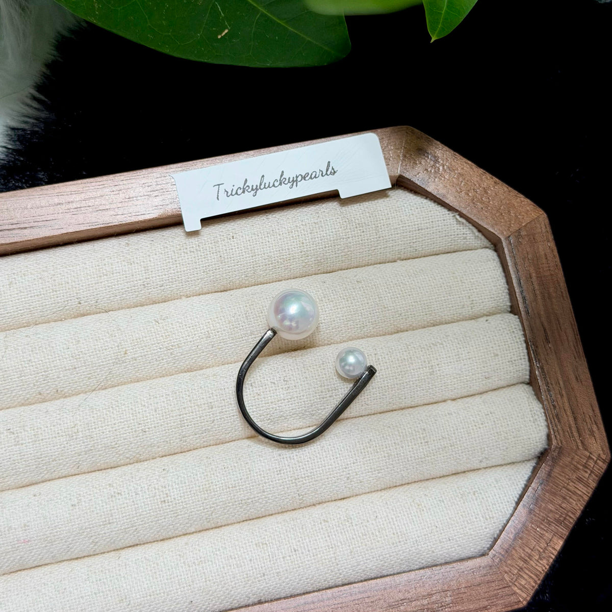 Double White Pearl Open Black Band Ring