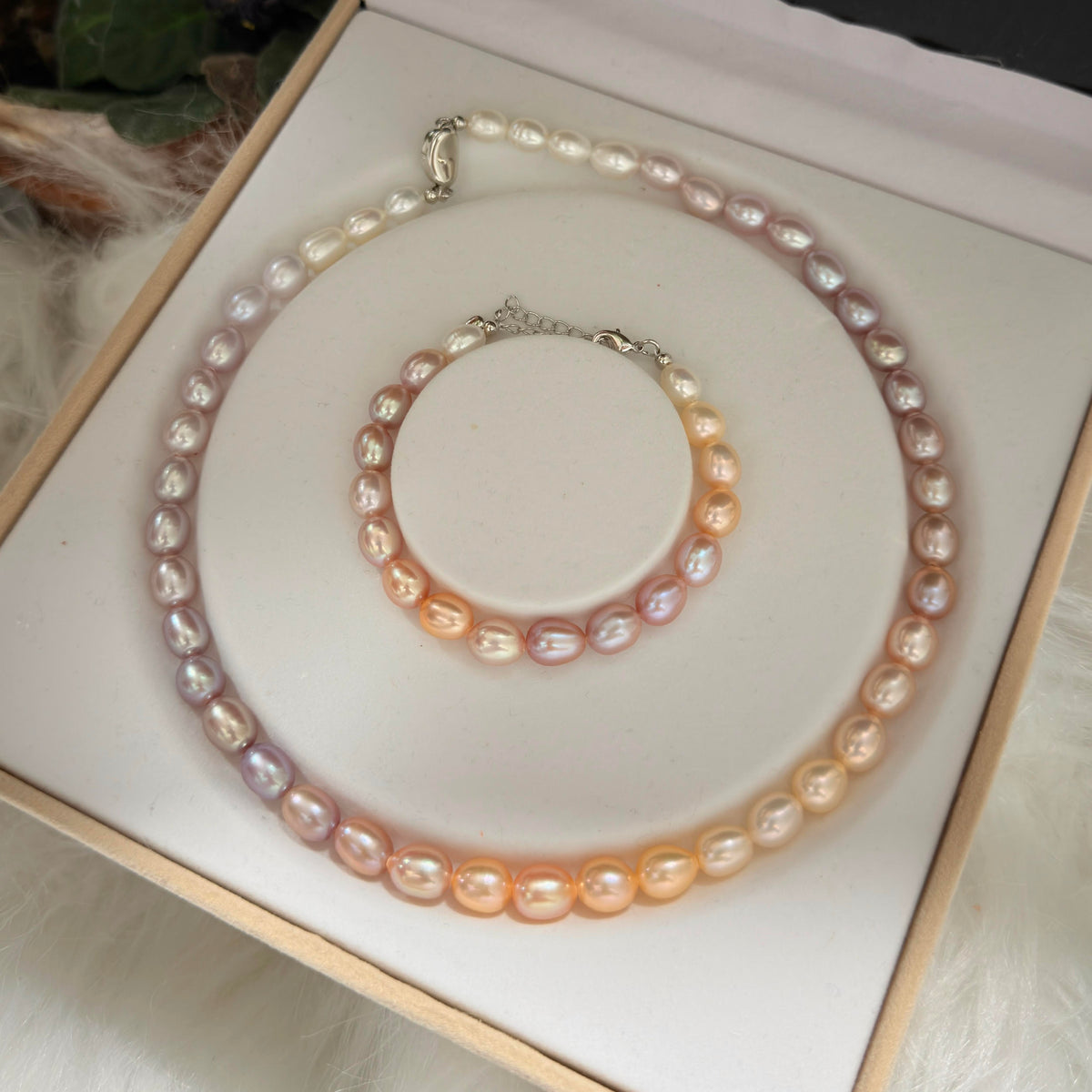 Detailed view of natural colour and lustre variation across the freshwater pearls.