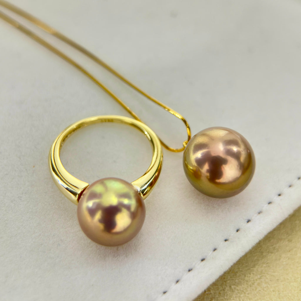 Golden Green Pearl Ring & Pendant Jewelry Set
