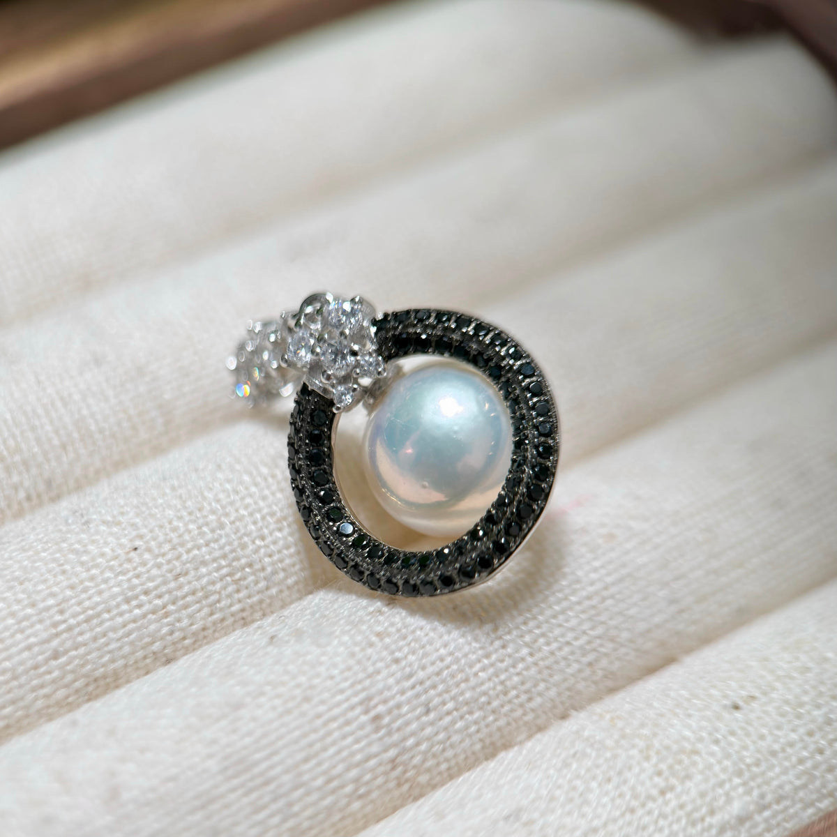White Pearls Black CZ Pearl Ring & Pendant