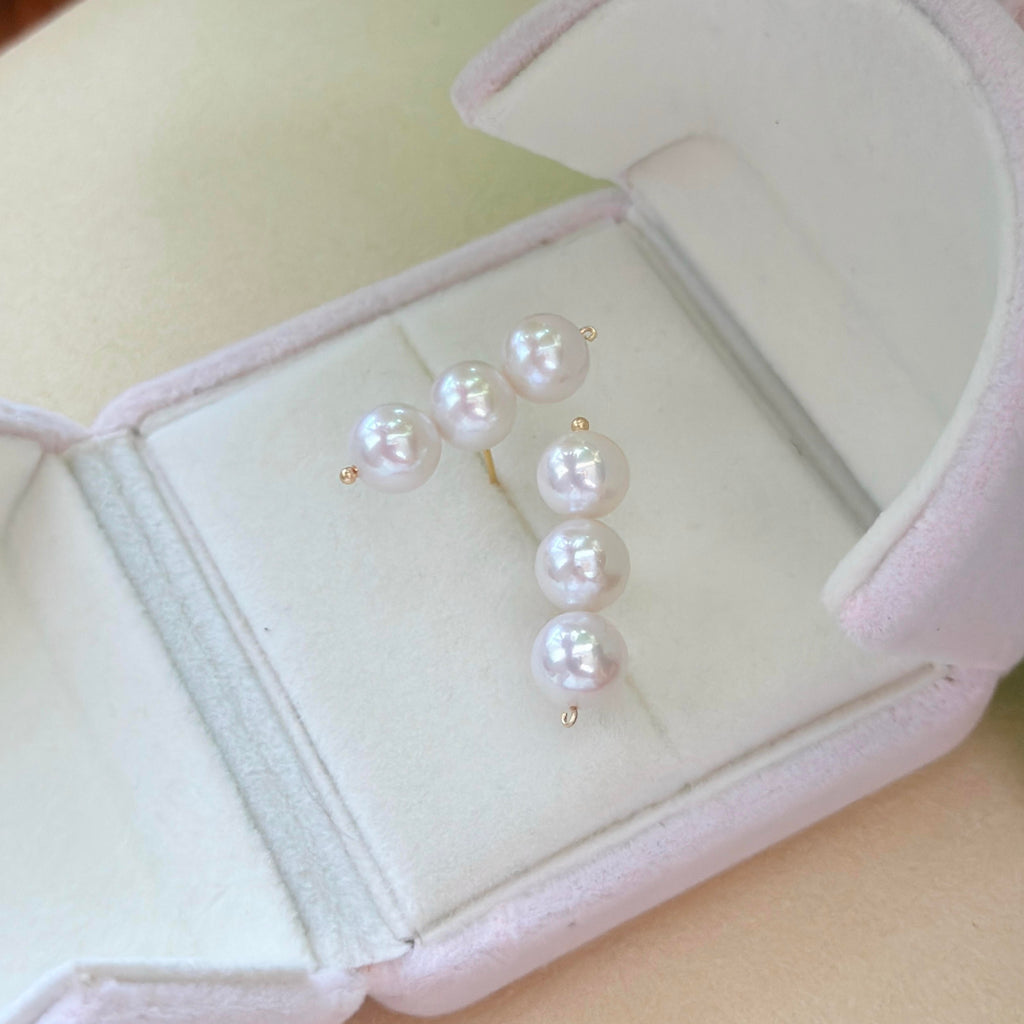 Balance Beam Pearl Stud Earrings – Three 8.5mm White Pearls with Pink Halo