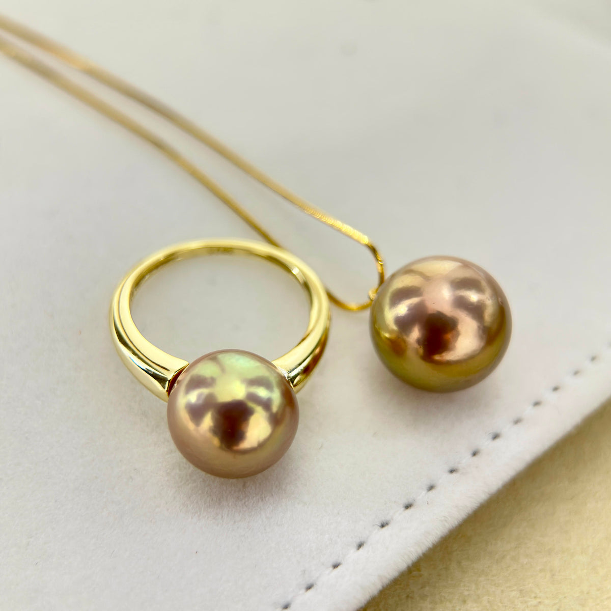 Golden Green Pearl Ring & Pendant Jewelry Set