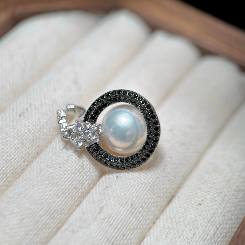 White Pearls Black CZ Pearl Ring & Pendant