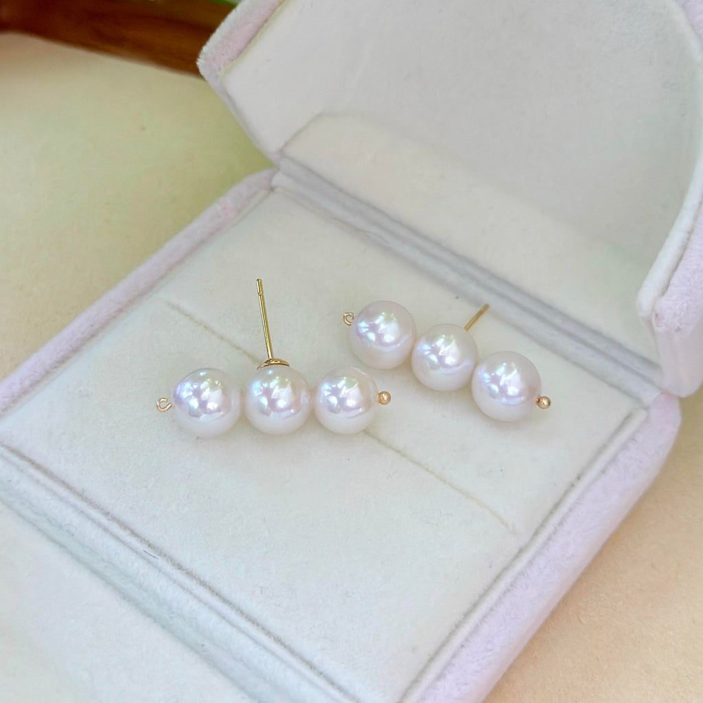 Balance Beam Pearl Stud Earrings – Three 8.5mm White Pearls with Pink Halo