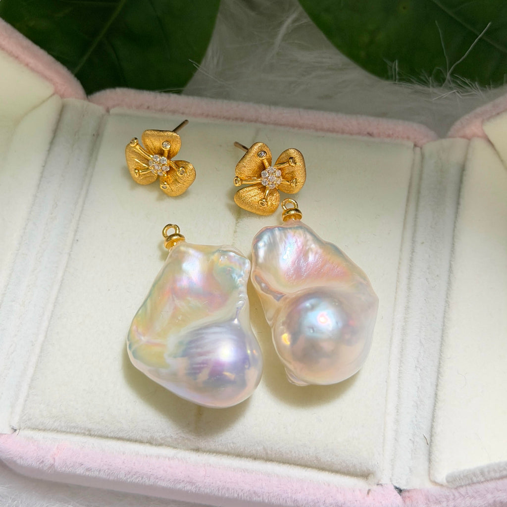 Romantic convertible large baroque freshwater pearl flower earrings.
