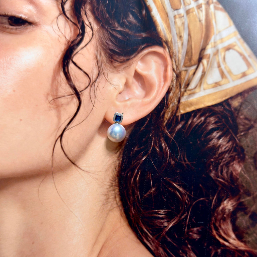 Royal blue square stone earrings with luminous white freshwater pearls.
