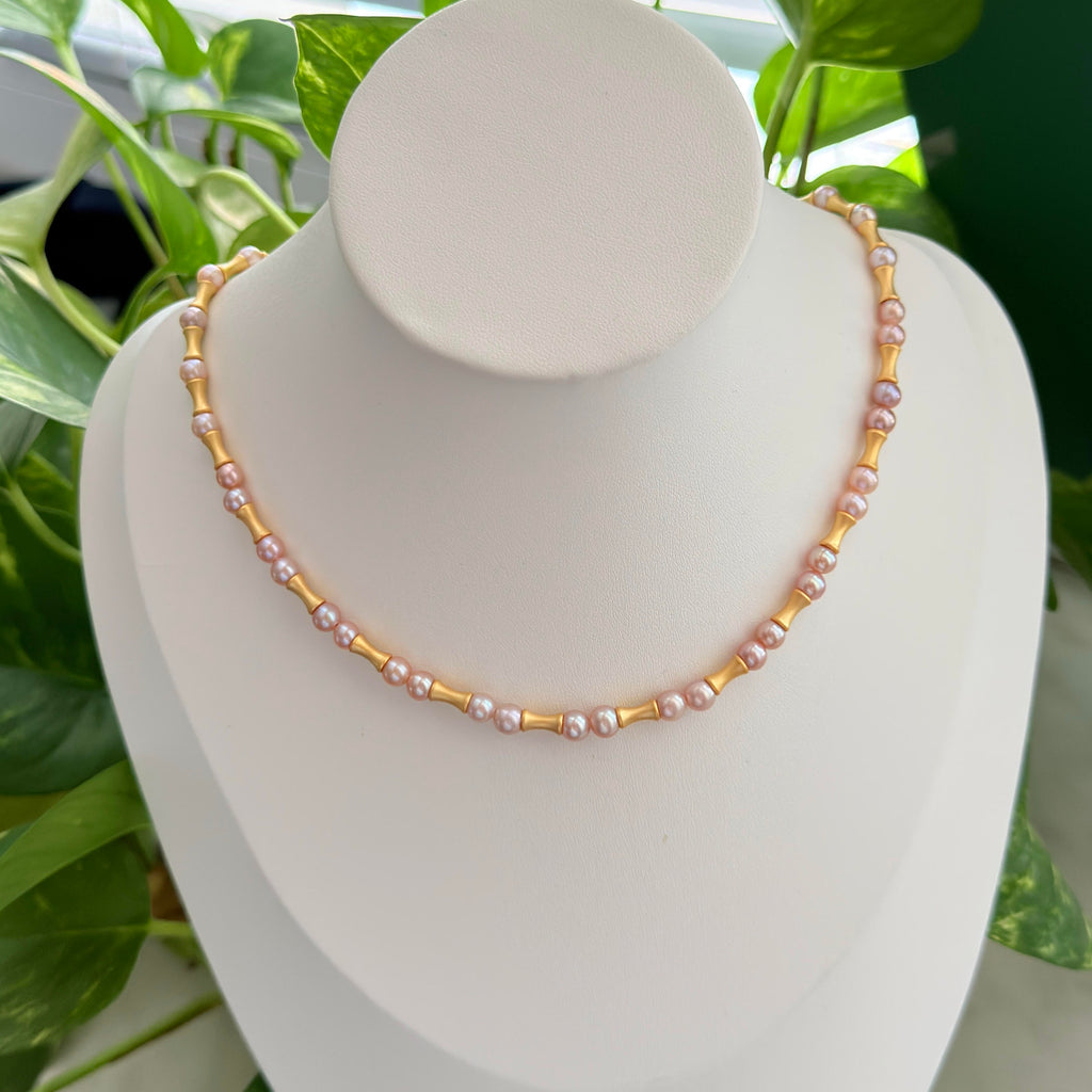 Modern Frosted Gold Bamboo 5mm Orange Freshwater Pearl Necklace