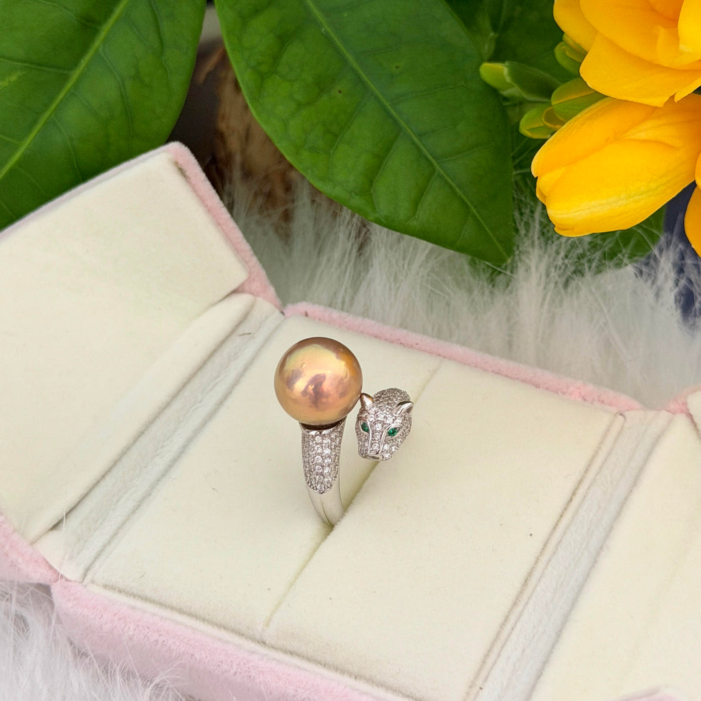 11.9mm Golden Green Pearl Leopard Ring – Reddish Brown Halo